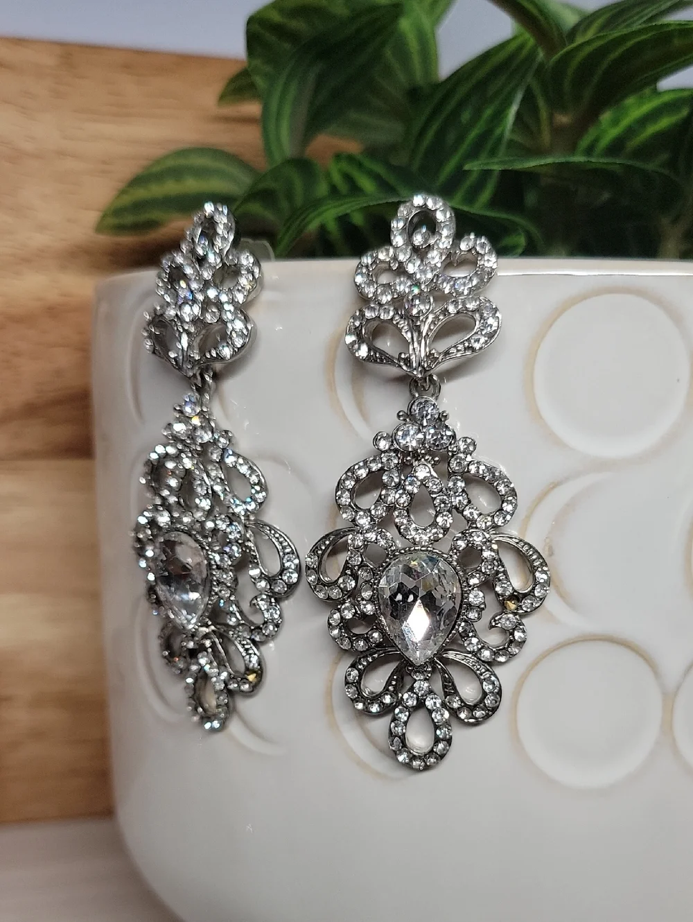Vintage Silver Crystal Teardrop Filigree Dangle Earrings